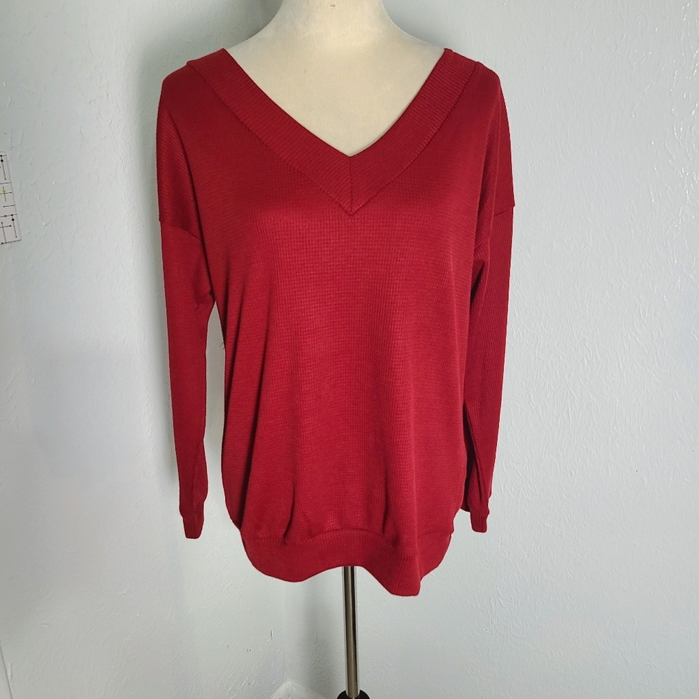 Unique V-Neck Red Sweater with V-Neck also in the Back with a Tie, Size Small